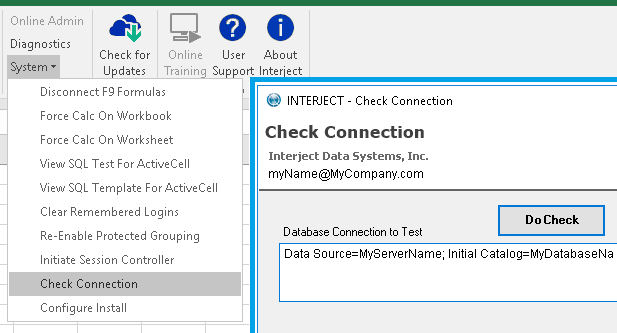 Test connections from the Interject ribbon